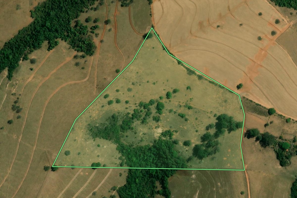 Imagem de satélite do imóvel rural em Ipeúna (SP), com o contorno declarado no CAR desenhado por cima.