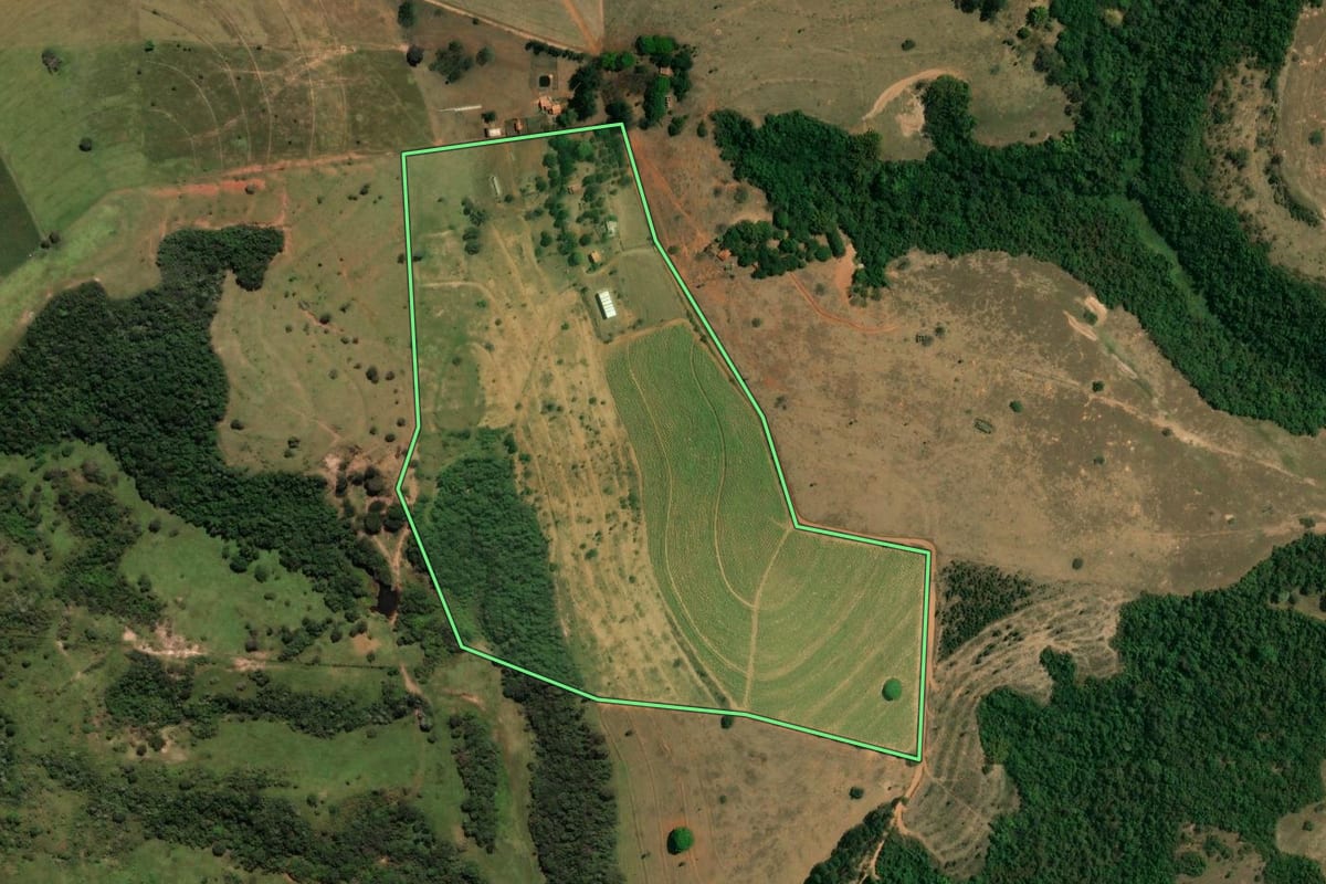 Imagem de satélite do imóvel rural em Ipeúna (SP), com o contorno declarado no CAR desenhado por cima.