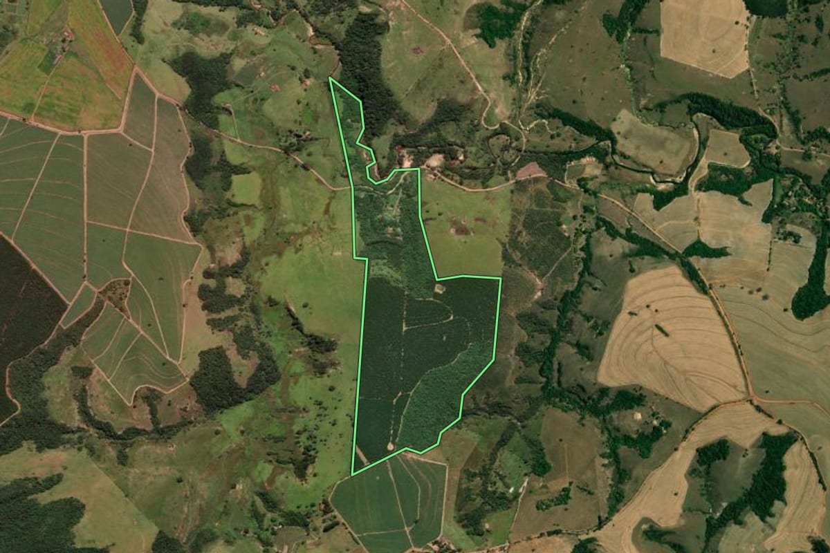 Imagem de satélite do imóvel rural em Ipeúna (SP), com o contorno declarado no CAR desenhado por cima.