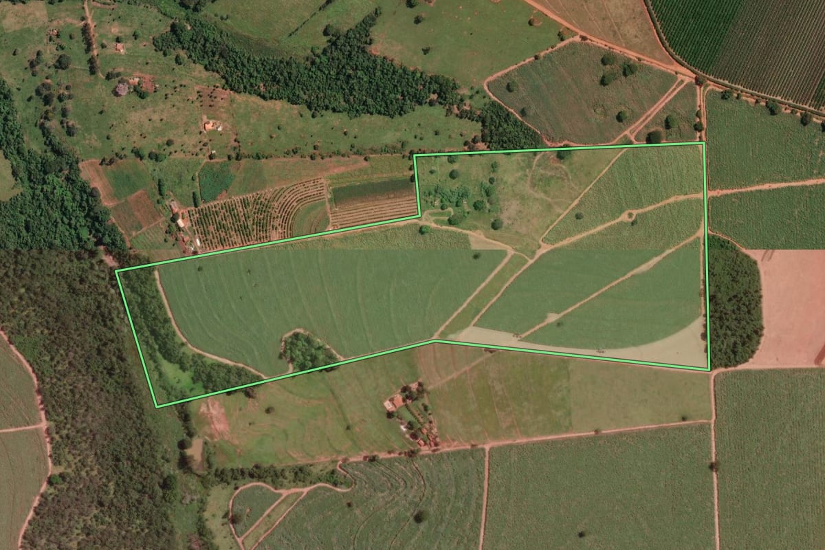 Imagem de satélite do imóvel rural em Ipiguá (SP), com o contorno declarado no CAR desenhado por cima.