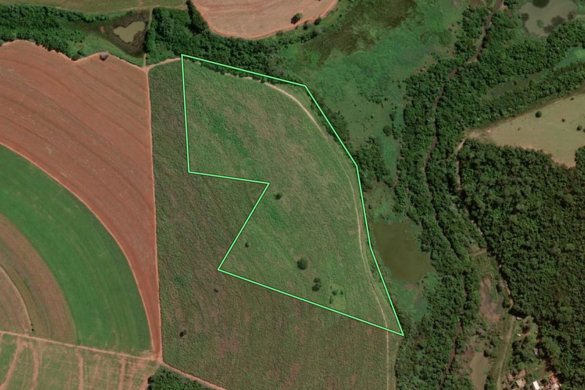 Imagem de satélite do imóvel rural em Ipiguá (SP), com o contorno declarado no CAR desenhado por cima.