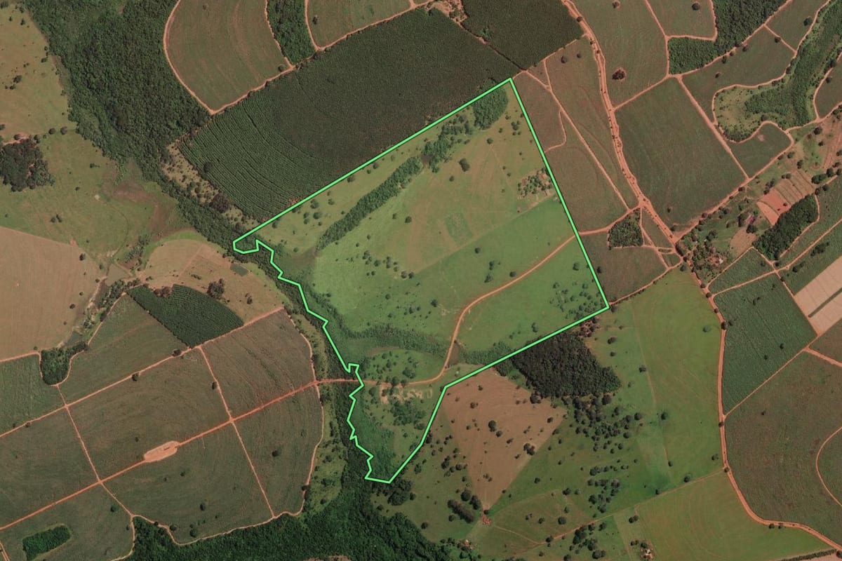 Imagem de satélite do imóvel rural em Ipiguá (SP), com o contorno declarado no CAR desenhado por cima.