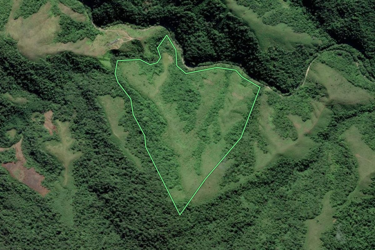 Imagem de satélite do imóvel rural em Iporanga (SP), com o contorno declarado no CAR desenhado por cima.