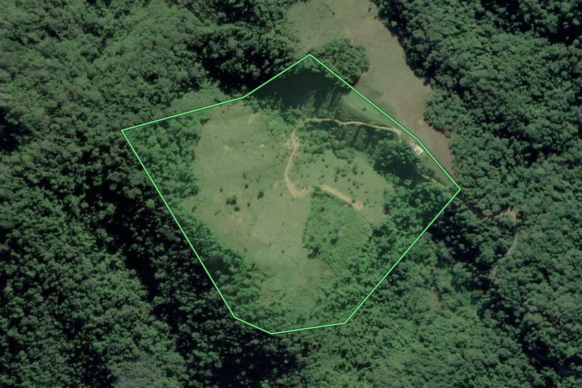 Imagem de satélite do imóvel rural em Iporanga (SP), com o contorno declarado no CAR desenhado por cima.