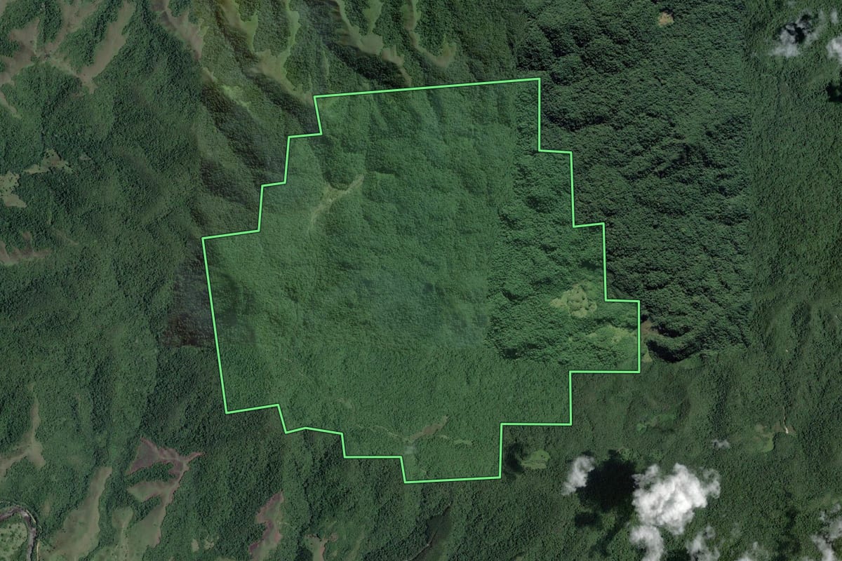 Imagem de satélite do imóvel rural em Barra do Turvo (SP), com o contorno declarado no CAR desenhado por cima.