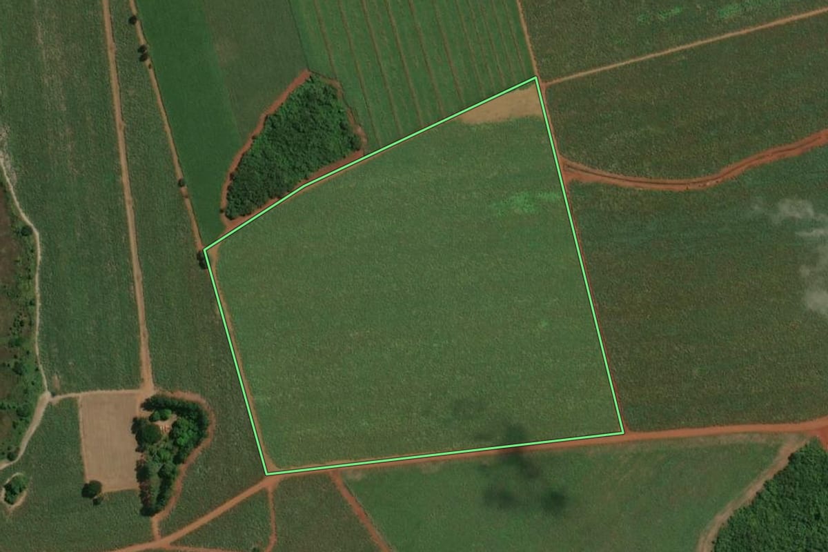 Imagem de satélite do imóvel rural em Ipuã (SP), com o contorno declarado no CAR desenhado por cima.
