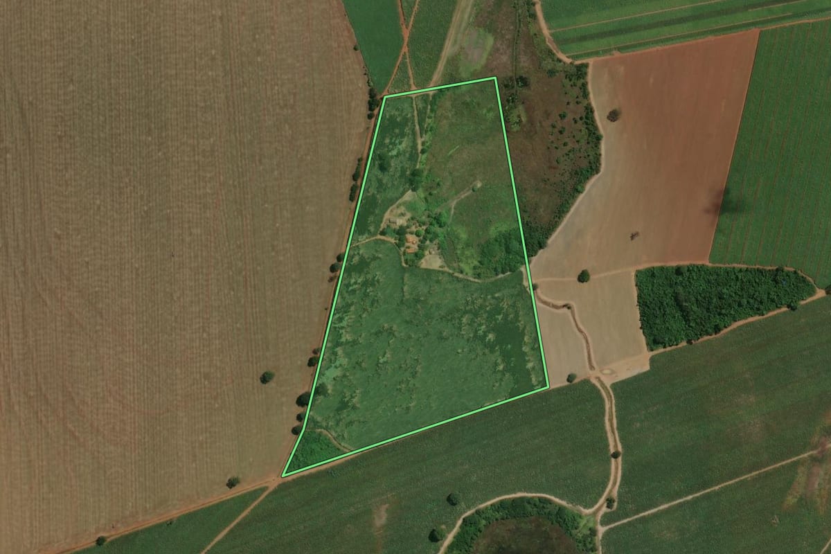 Imagem de satélite do imóvel rural em Ipuã (SP), com o contorno declarado no CAR desenhado por cima.