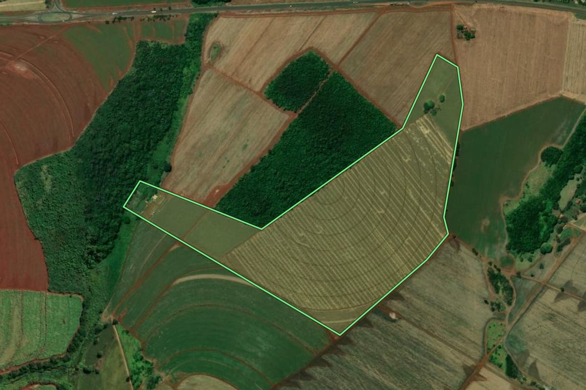 Imagem de satélite do imóvel rural em Ipuã (SP), com o contorno declarado no CAR desenhado por cima.