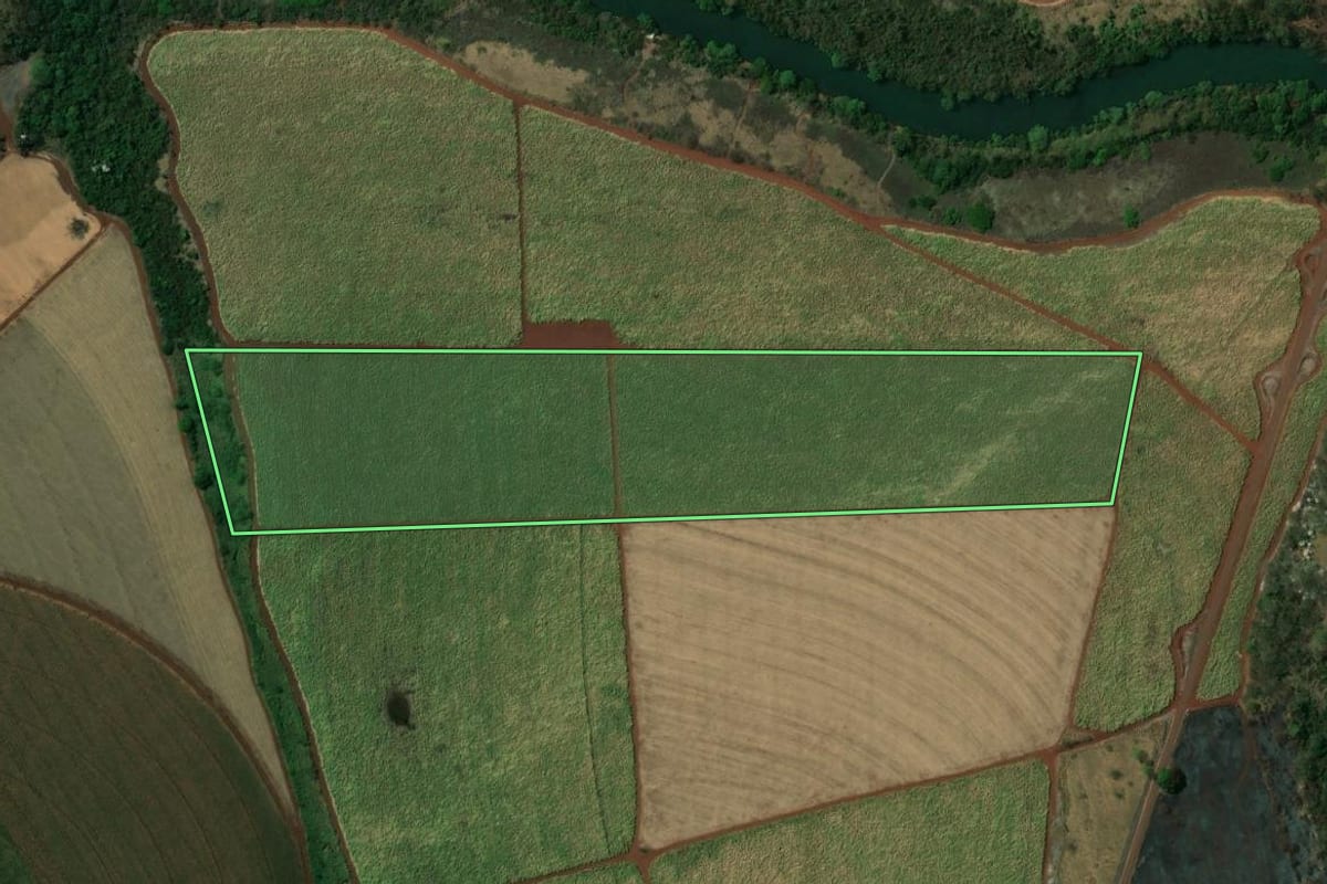 Imagem de satélite do imóvel rural em Ipuã (SP), com o contorno declarado no CAR desenhado por cima.