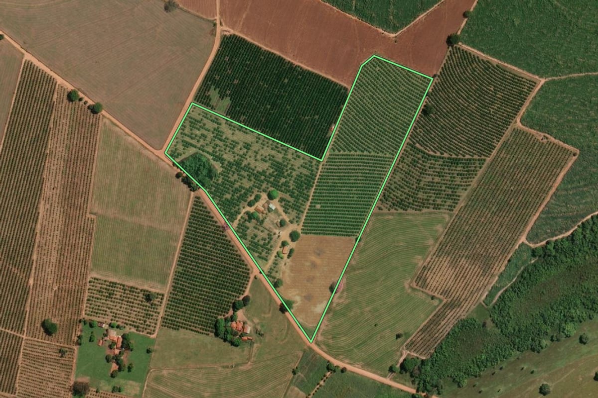 Imagem de satélite do imóvel rural em Irapuã (SP), com o contorno declarado no CAR desenhado por cima.