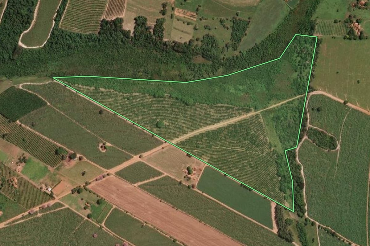 Imagem de satélite do imóvel rural em Irapuã (SP), com o contorno declarado no CAR desenhado por cima.