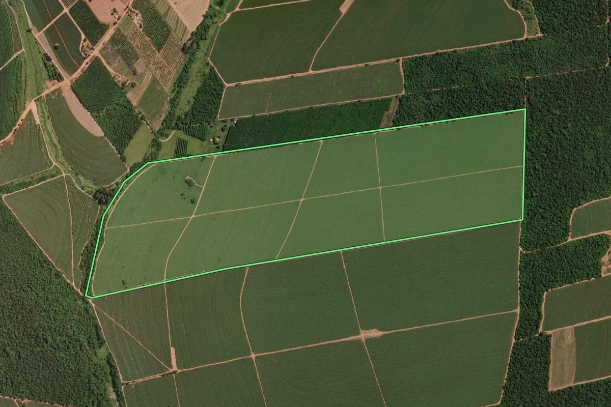 Imagem de satélite do imóvel rural em Irapuã (SP), com o contorno declarado no CAR desenhado por cima.