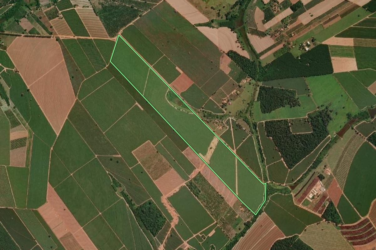 Imagem de satélite do imóvel rural em Irapuã (SP), com o contorno declarado no CAR desenhado por cima.