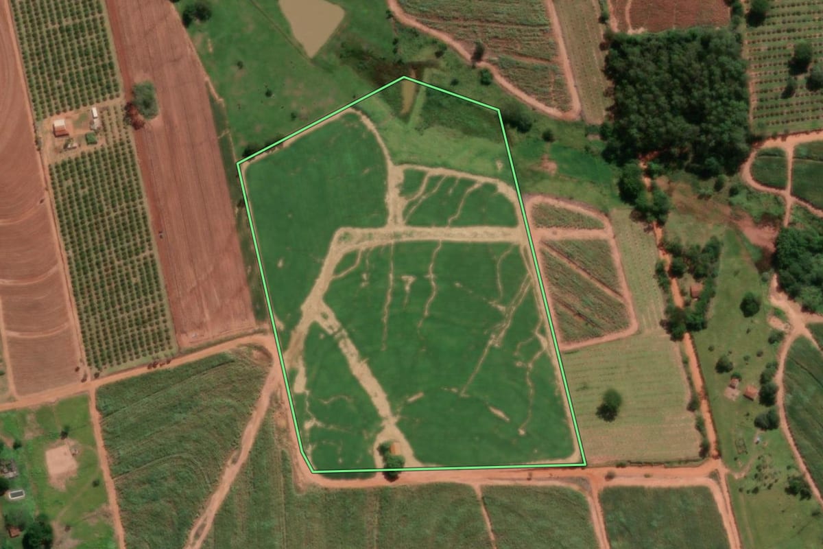 Imagem de satélite do imóvel rural em Irapuã (SP), com o contorno declarado no CAR desenhado por cima.