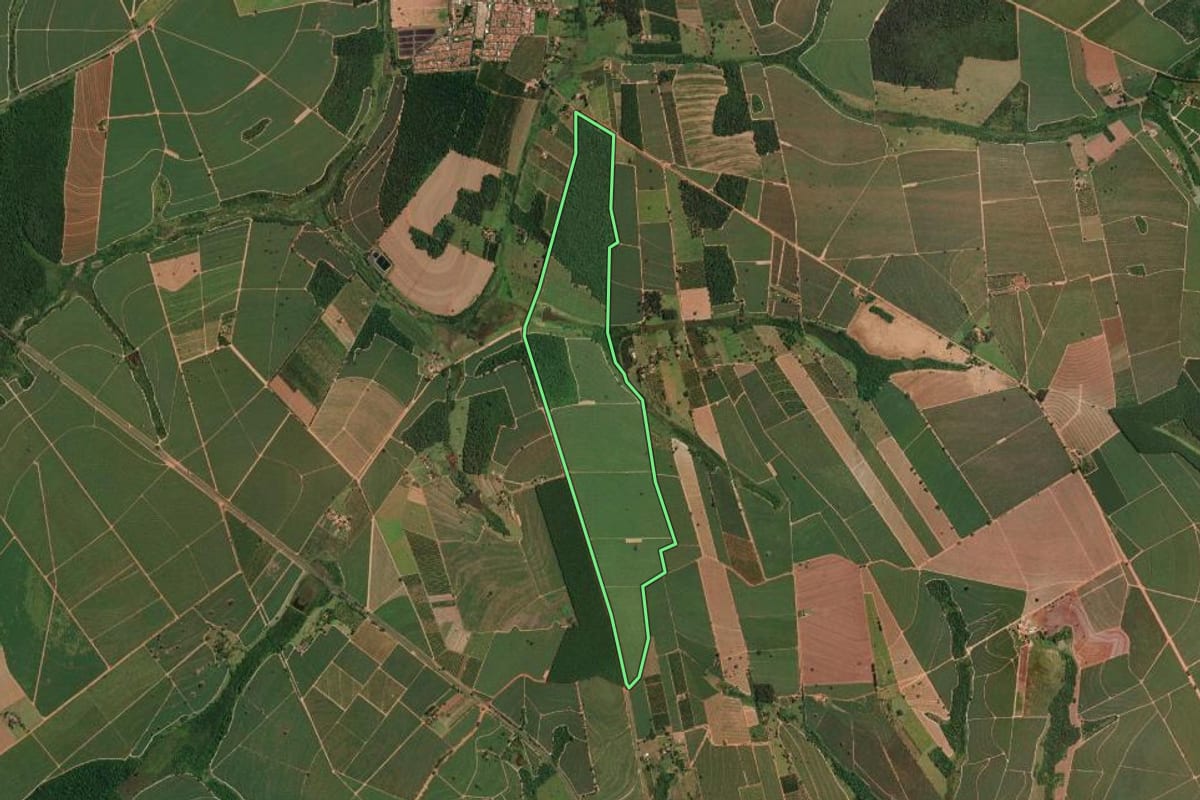 Imagem de satélite do imóvel rural em Irapuã (SP), com o contorno declarado no CAR desenhado por cima.