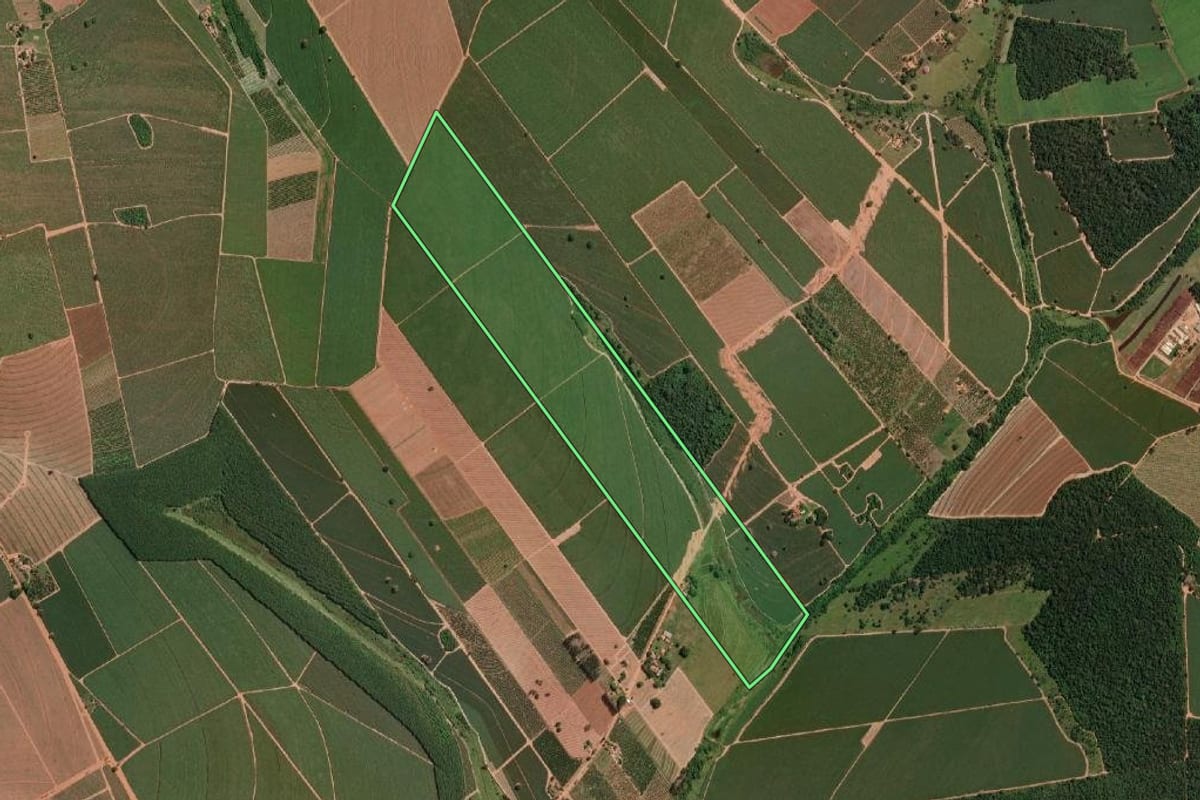 Imagem de satélite do imóvel rural em Irapuã (SP), com o contorno declarado no CAR desenhado por cima.