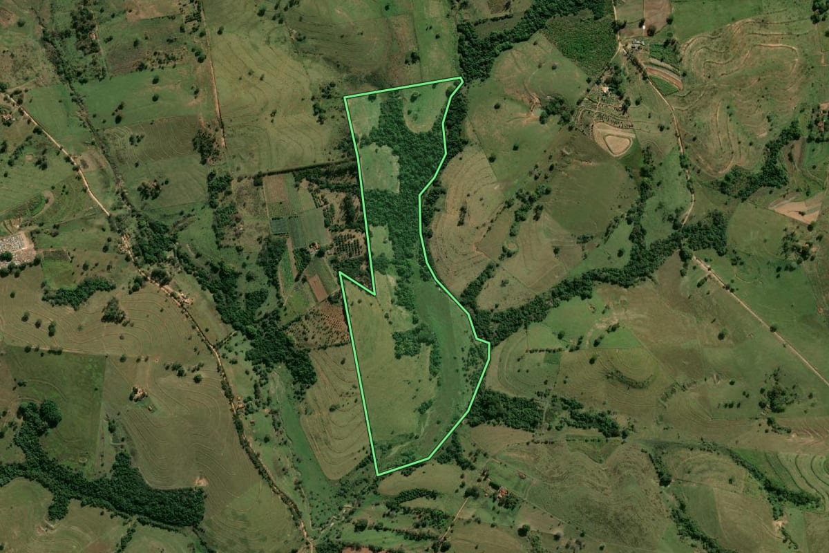 Imagem de satélite do imóvel rural em Irapuru (SP), com o contorno declarado no CAR desenhado por cima.