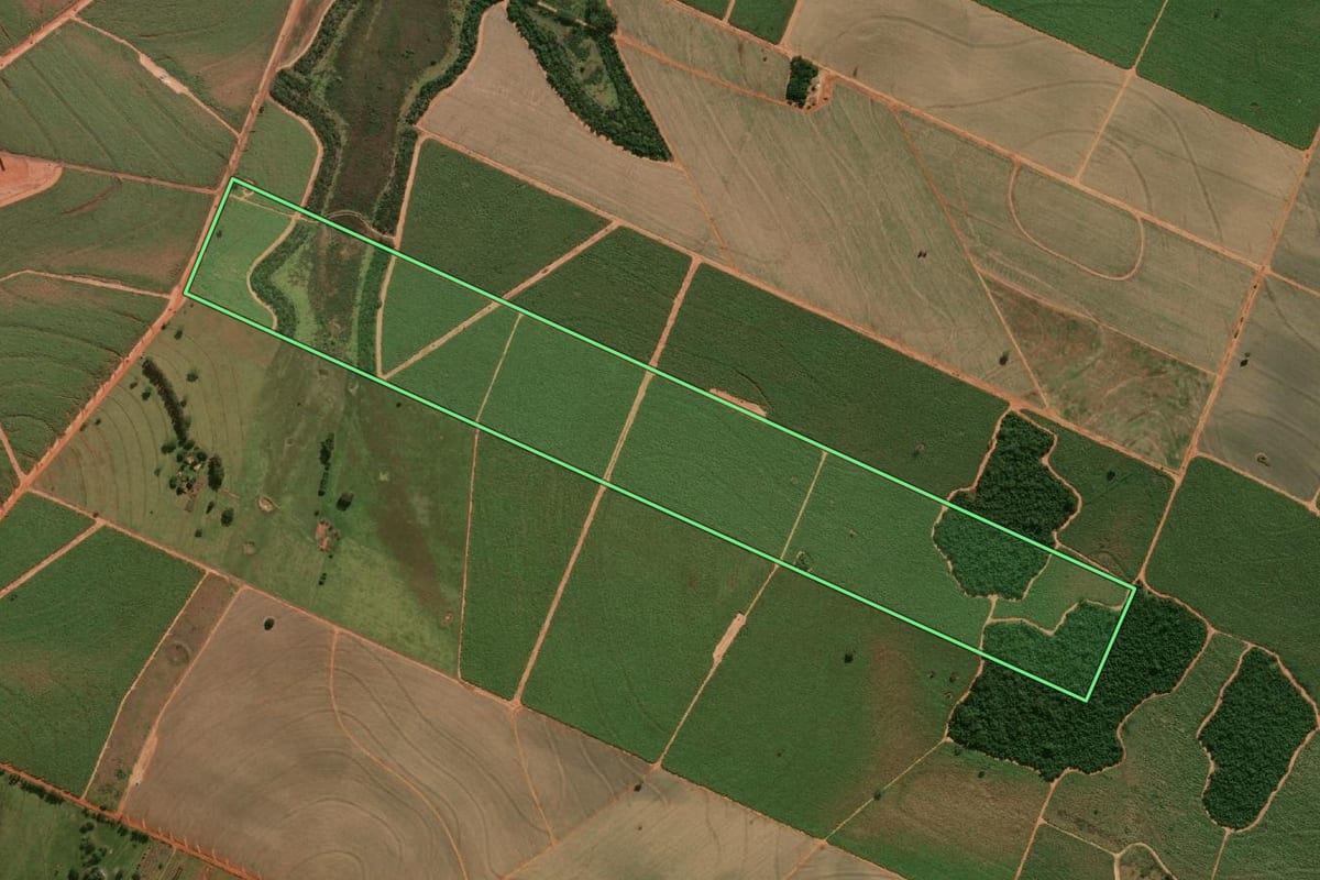Imagem de satélite do imóvel rural em Irapuru (SP), com o contorno declarado no CAR desenhado por cima.