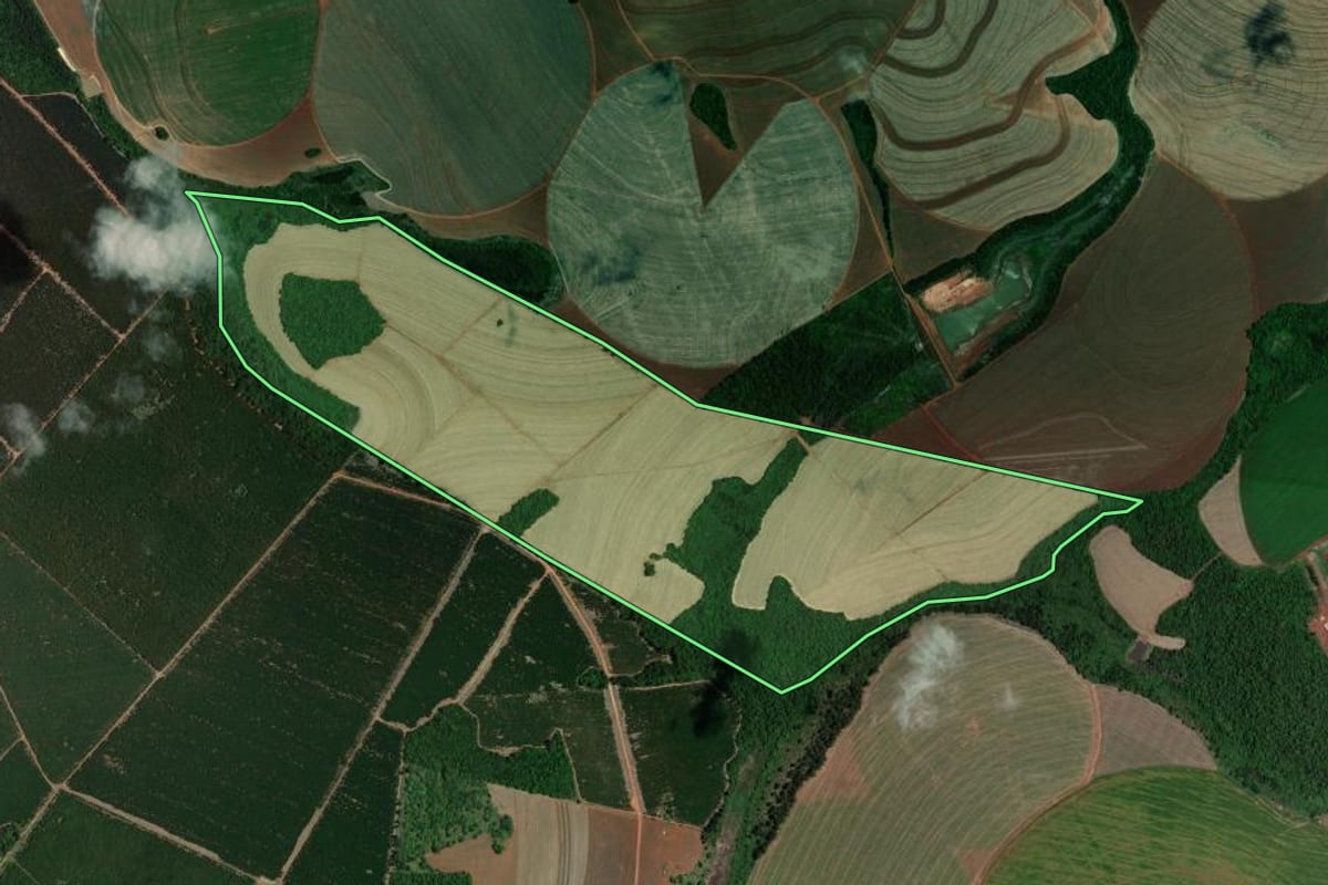 Imagem de satélite do imóvel rural em Itaí (SP), com o contorno declarado no CAR desenhado por cima.