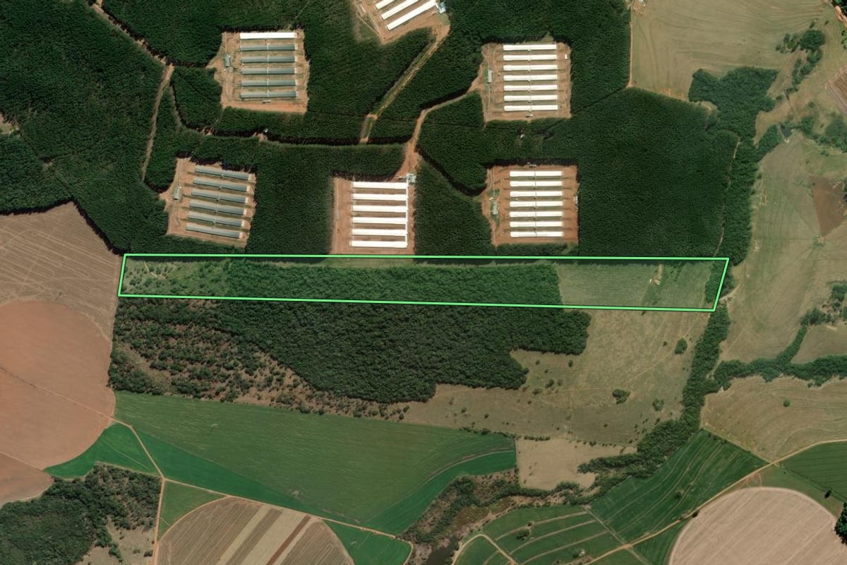 Imagem de satélite do imóvel rural em Itaí (SP), com o contorno declarado no CAR desenhado por cima.