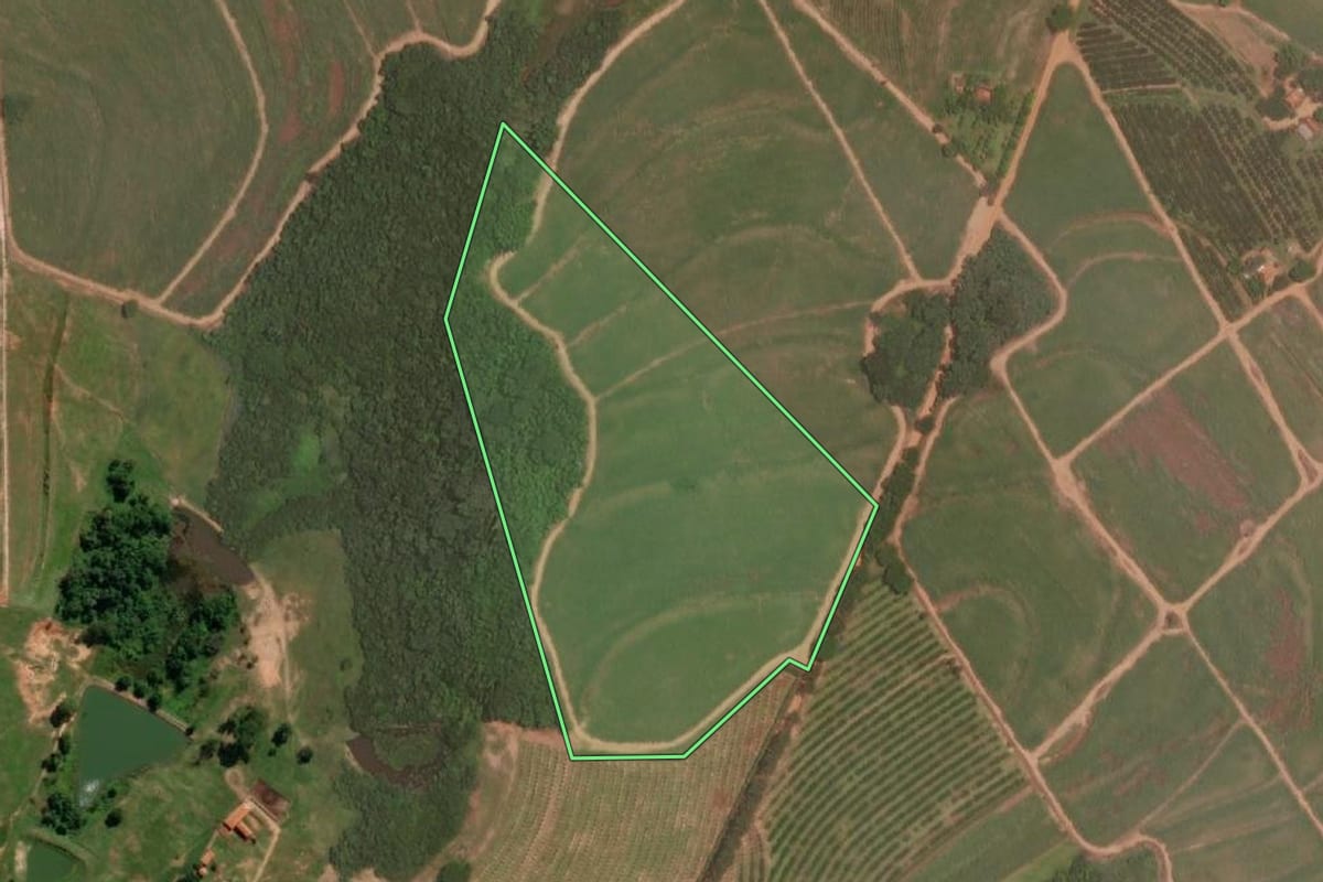 Imagem de satélite do imóvel rural em Itajobi (SP), com o contorno declarado no CAR desenhado por cima.