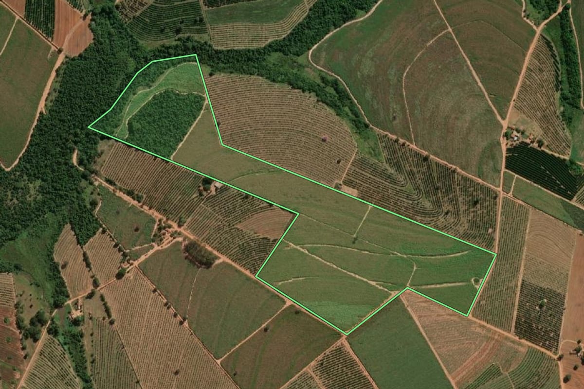 Imagem de satélite do imóvel rural em Itajobi (SP), com o contorno declarado no CAR desenhado por cima.