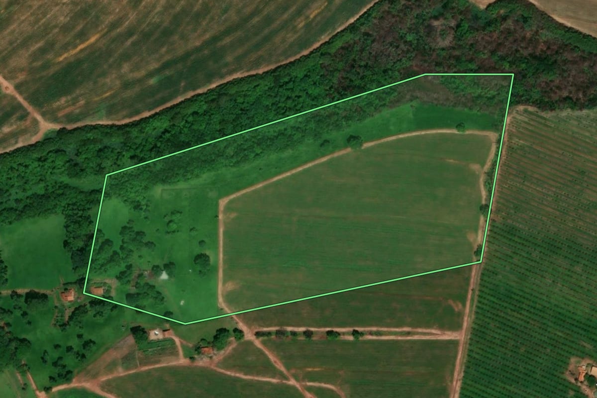 Imagem de satélite do imóvel rural em Itajobi (SP), com o contorno declarado no CAR desenhado por cima.