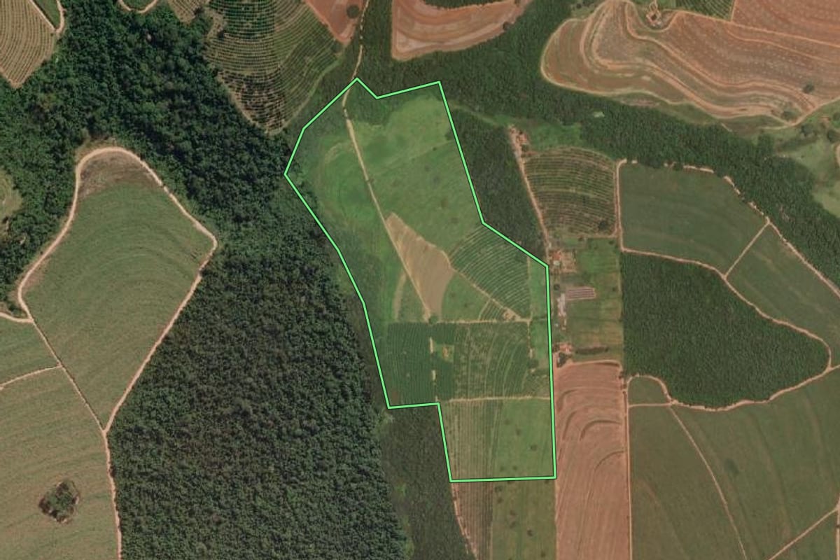 Imagem de satélite do imóvel rural em Itajobi (SP), com o contorno declarado no CAR desenhado por cima.