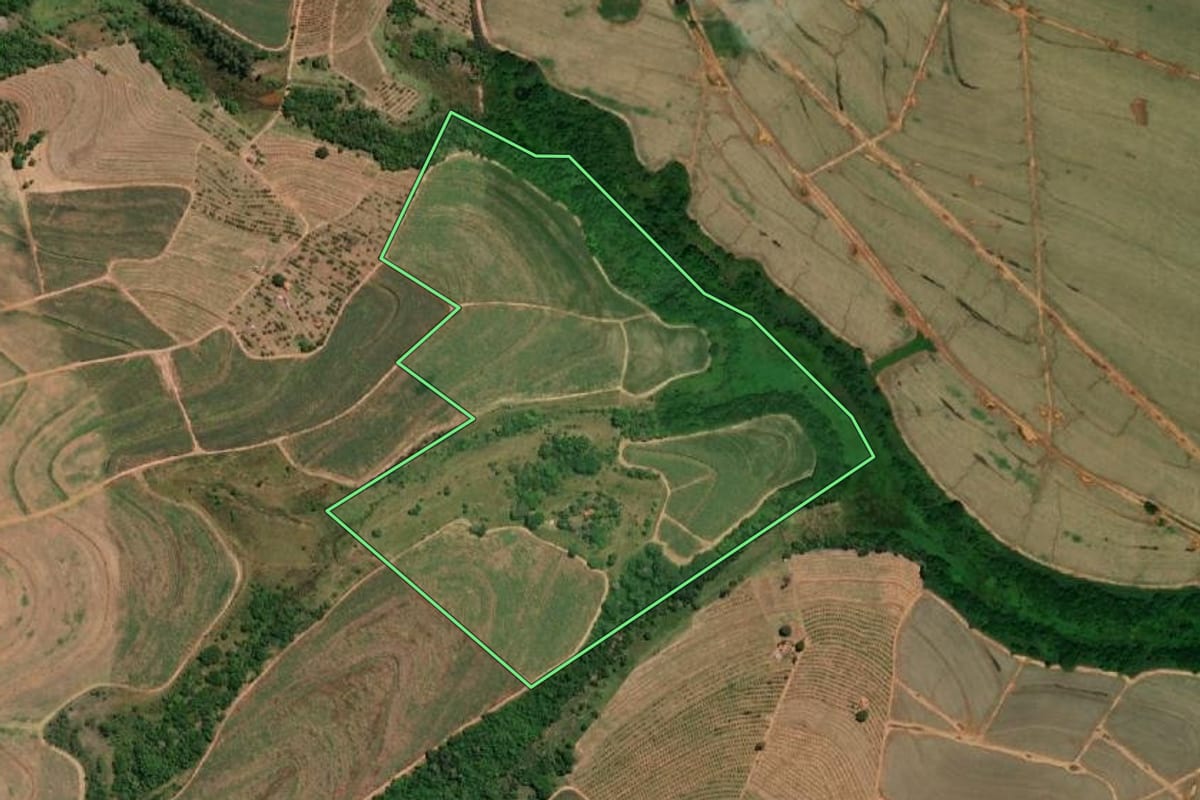 Imagem de satélite do imóvel rural em Itajobi (SP), com o contorno declarado no CAR desenhado por cima.