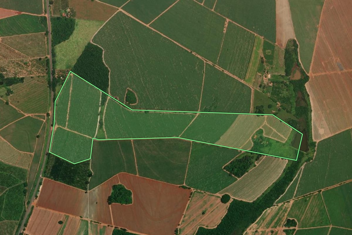 Imagem de satélite do imóvel rural em Itajobi (SP), com o contorno declarado no CAR desenhado por cima.