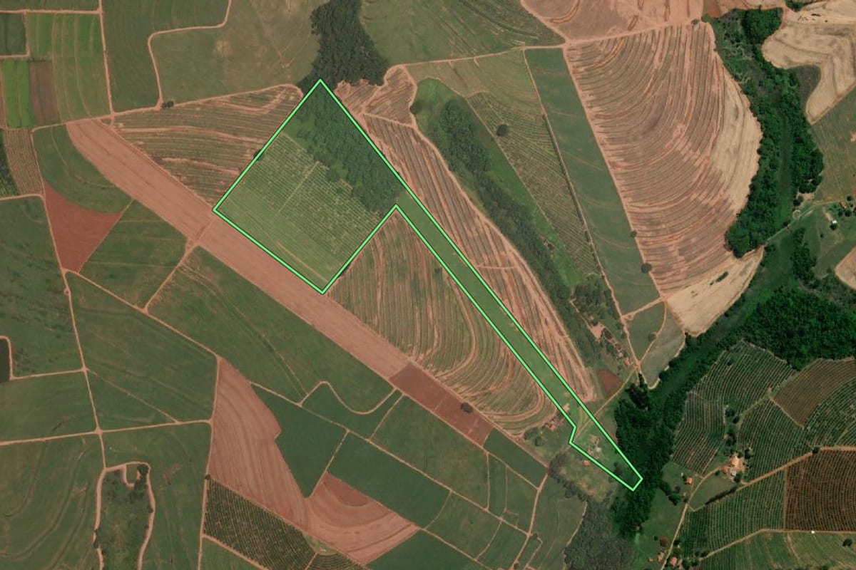 Imagem de satélite do imóvel rural em Itajobi (SP), com o contorno declarado no CAR desenhado por cima.