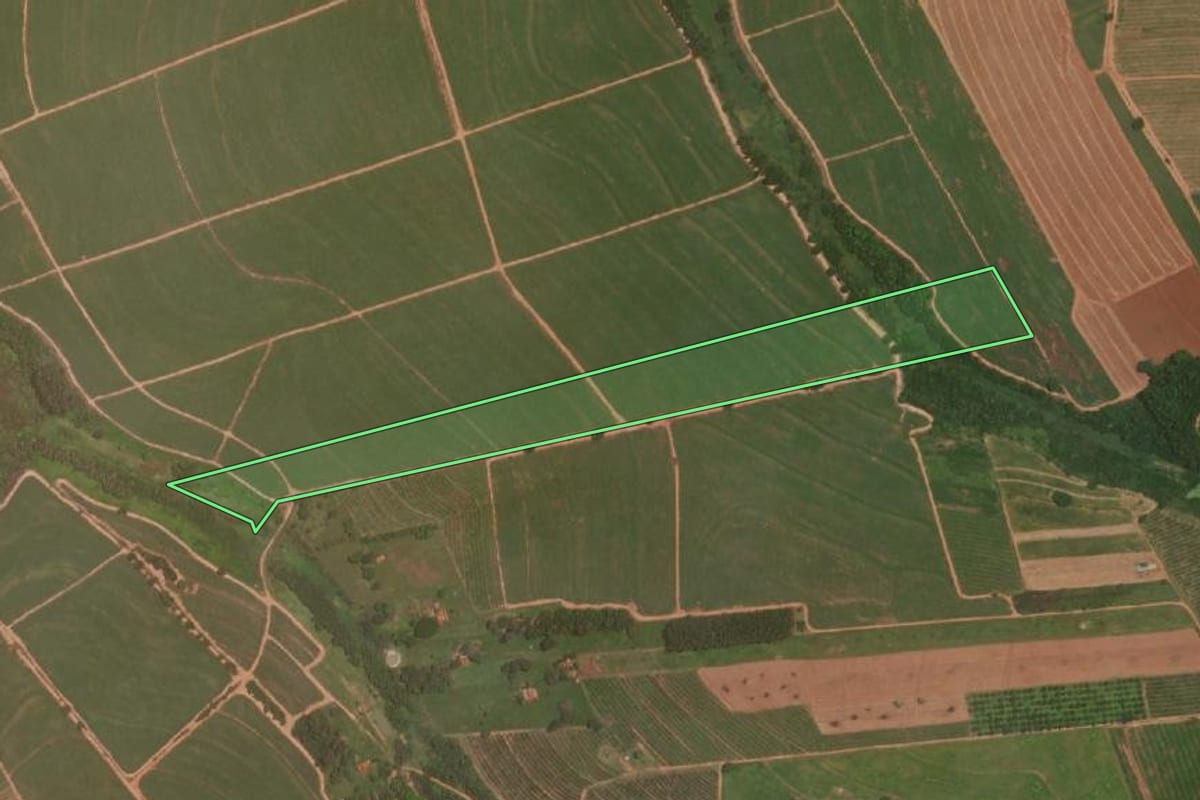 Imagem de satélite do imóvel rural em Itajobi (SP), com o contorno declarado no CAR desenhado por cima.