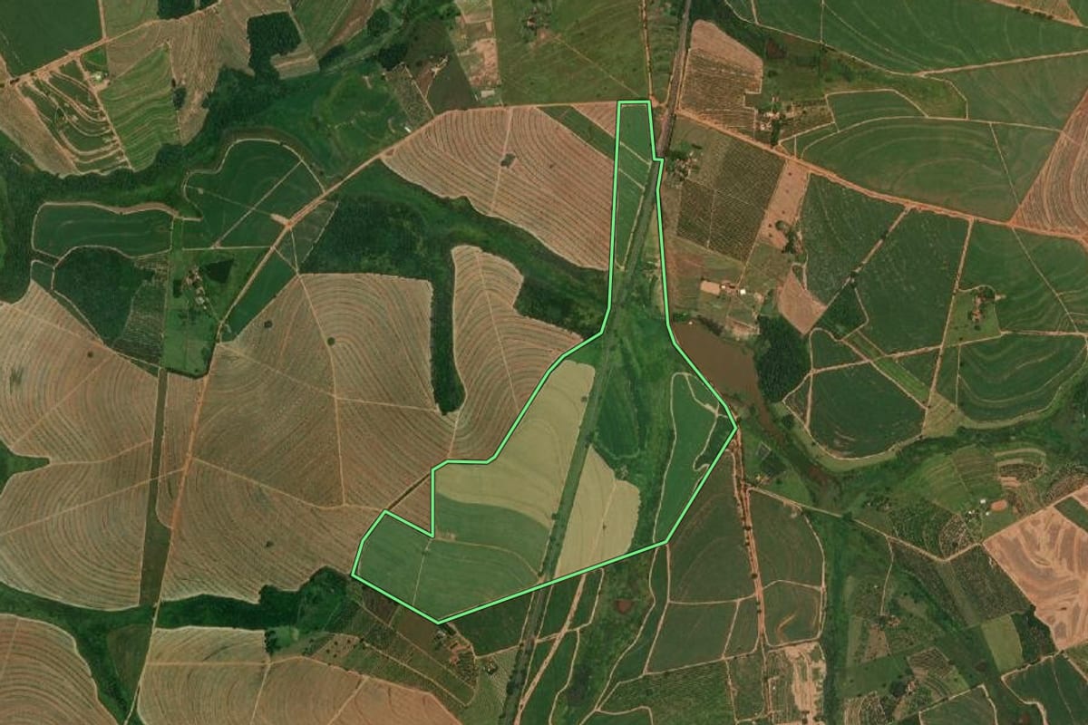 Imagem de satélite do imóvel rural em Itajobi (SP), com o contorno declarado no CAR desenhado por cima.