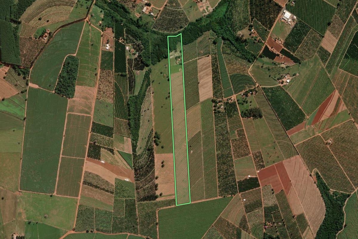 Imagem de satélite do imóvel rural em Itajobi (SP), com o contorno declarado no CAR desenhado por cima.