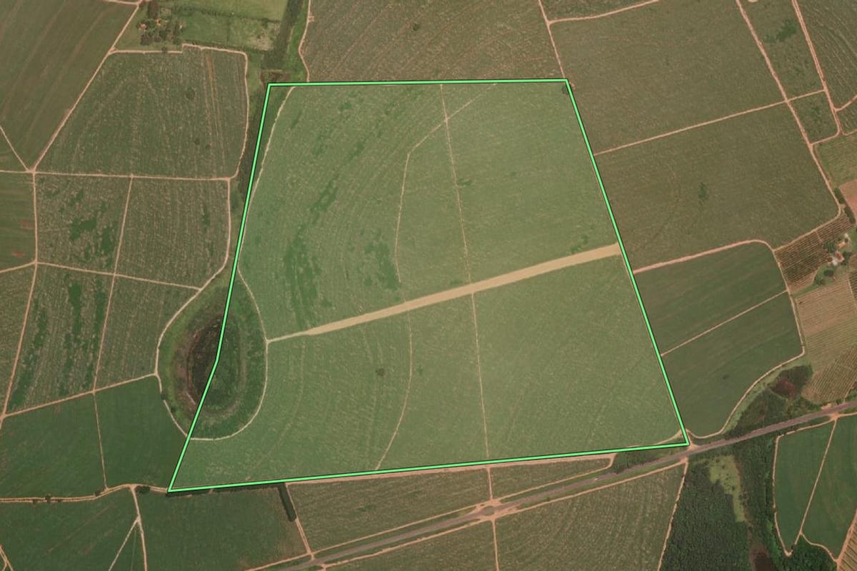Imagem de satélite do imóvel rural em Itajobi (SP), com o contorno declarado no CAR desenhado por cima.