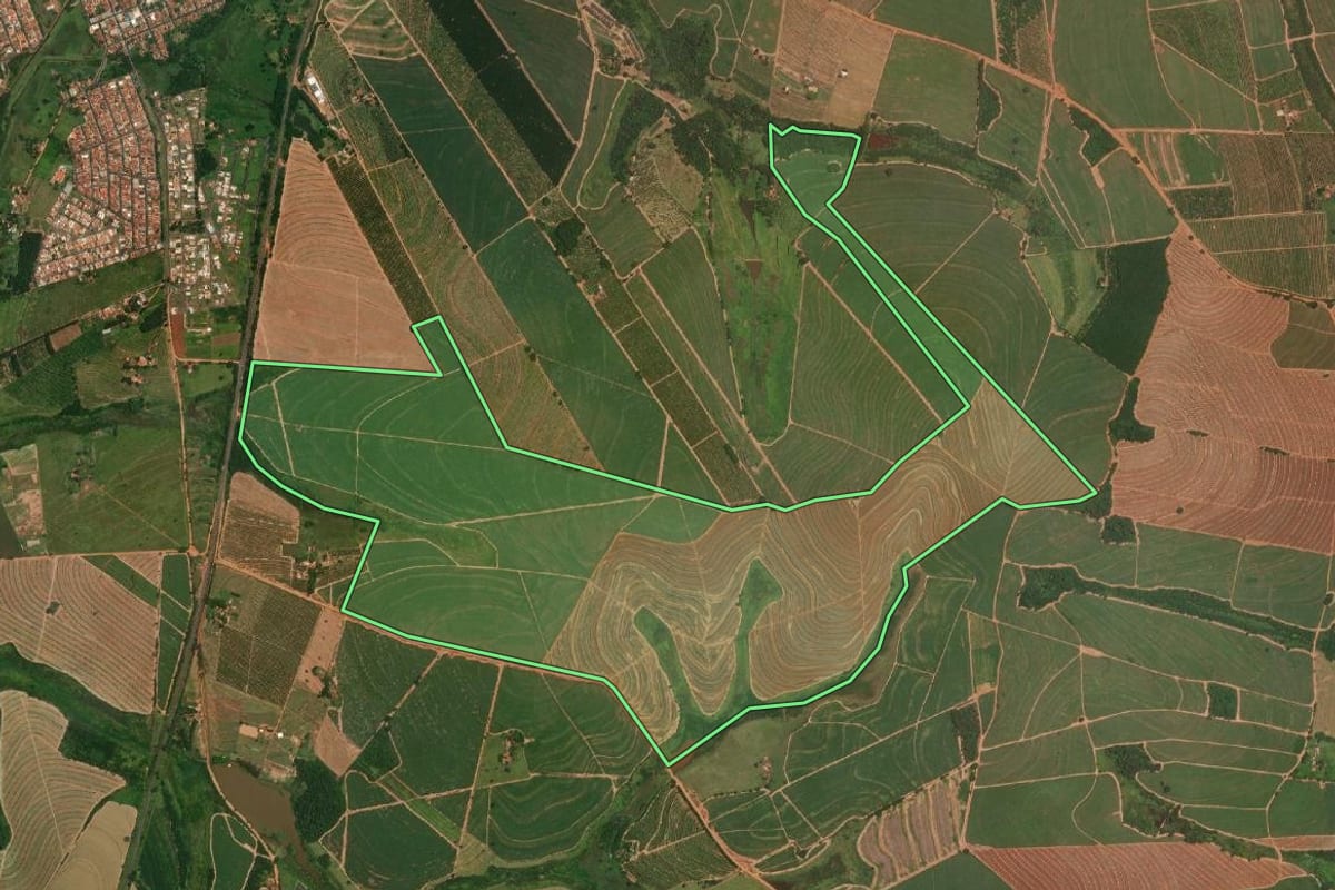 Imagem de satélite do imóvel rural em Itajobi (SP), com o contorno declarado no CAR desenhado por cima.