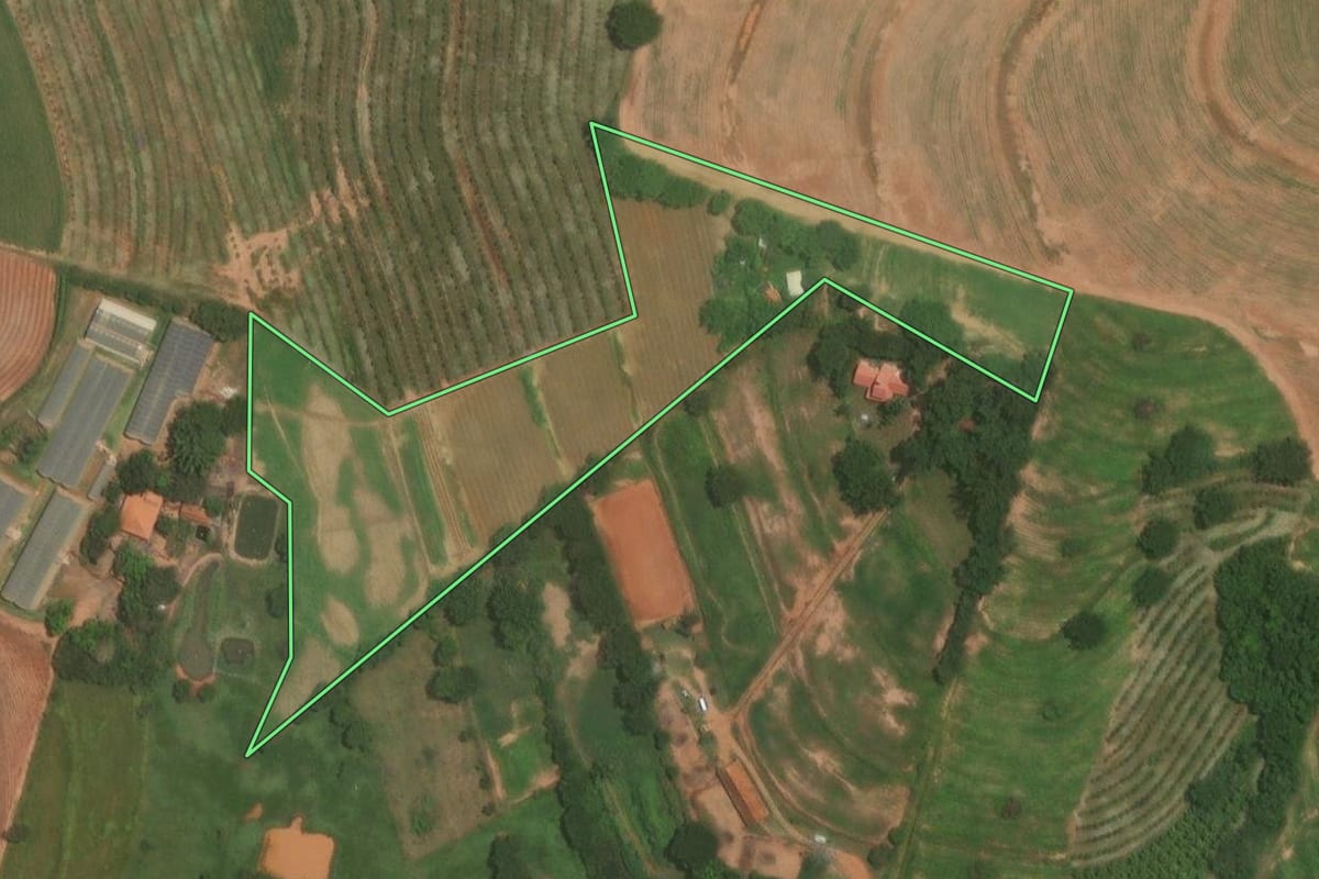 Imagem de satélite do imóvel rural em Itajobi (SP), com o contorno declarado no CAR desenhado por cima.