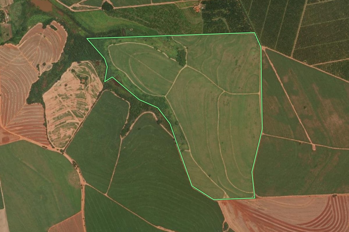 Imagem de satélite do imóvel rural em Itajobi (SP), com o contorno declarado no CAR desenhado por cima.