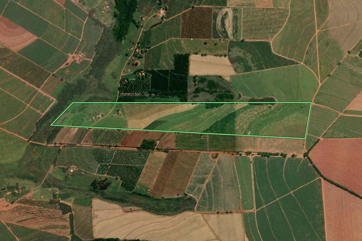 Imagem de satélite do imóvel rural em Itajobi (SP), com o contorno declarado no CAR desenhado por cima.