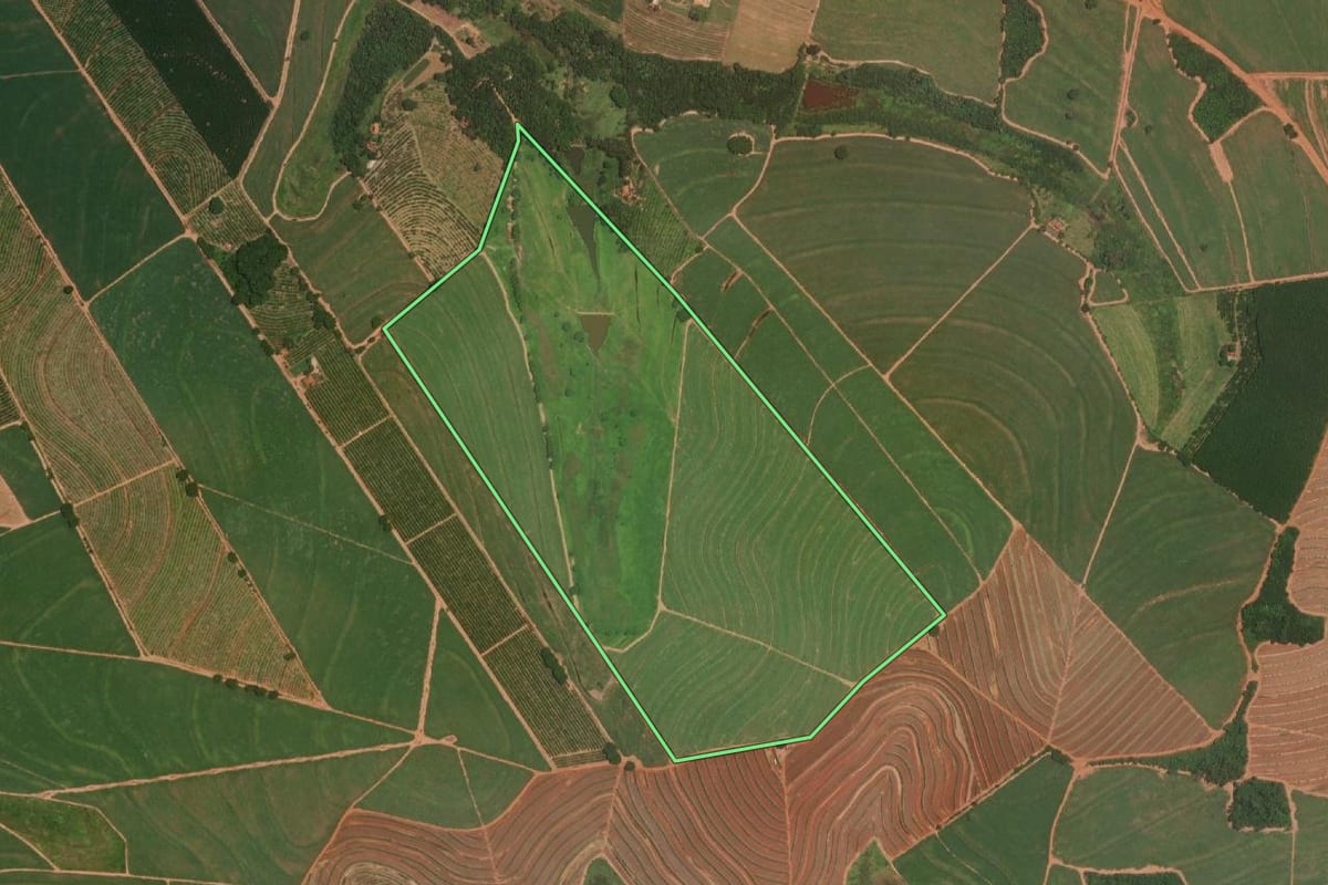 Imagem de satélite do imóvel rural em Itajobi (SP), com o contorno declarado no CAR desenhado por cima.
