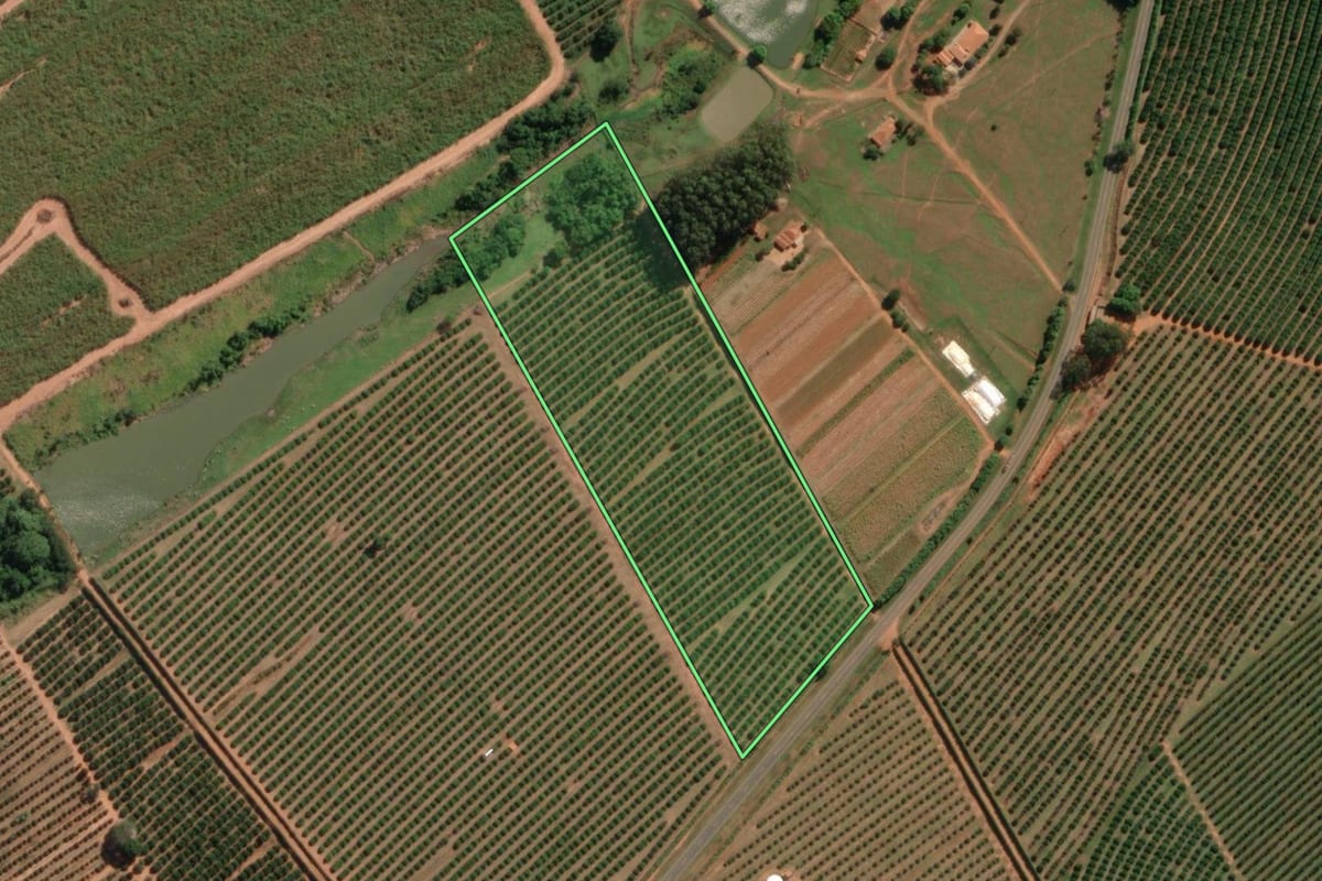 Imagem de satélite do imóvel rural em Itajobi (SP), com o contorno declarado no CAR desenhado por cima.