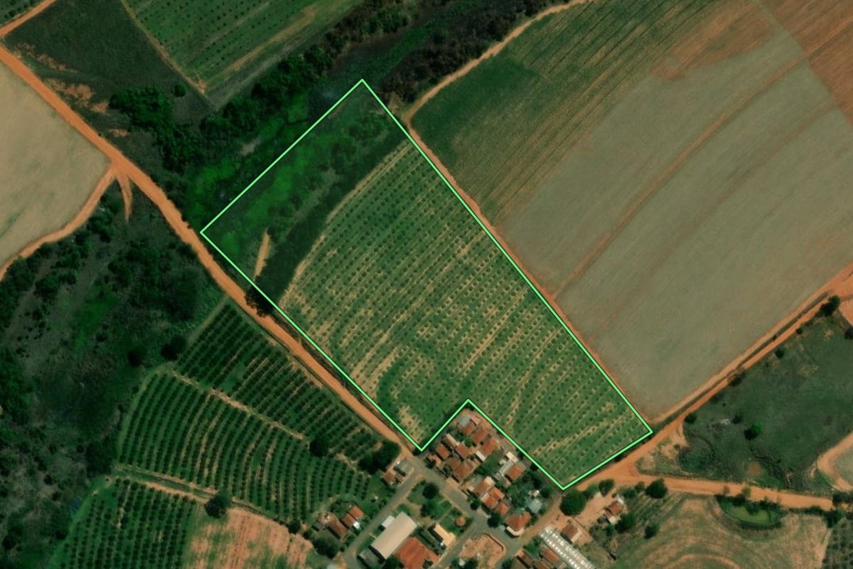 Imagem de satélite do imóvel rural em Itajobi (SP), com o contorno declarado no CAR desenhado por cima.