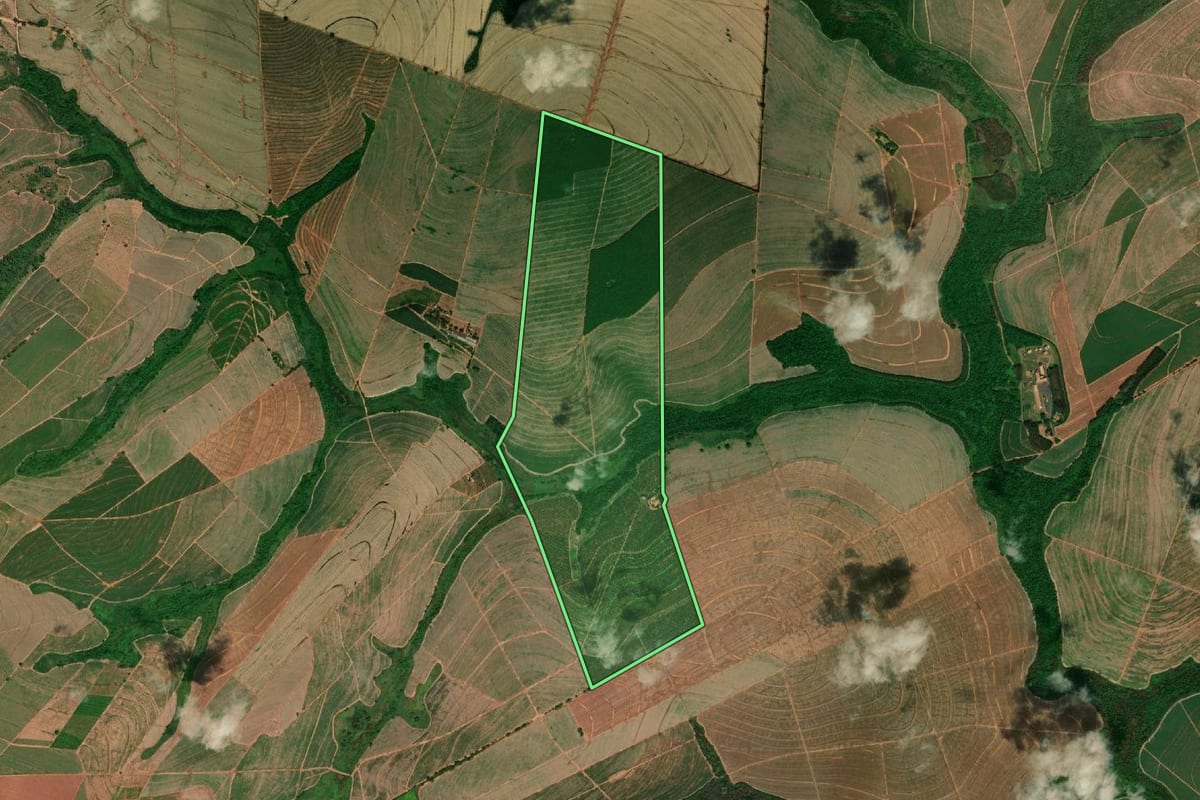 Imagem de satélite do imóvel rural em Itajobi (SP), com o contorno declarado no CAR desenhado por cima.