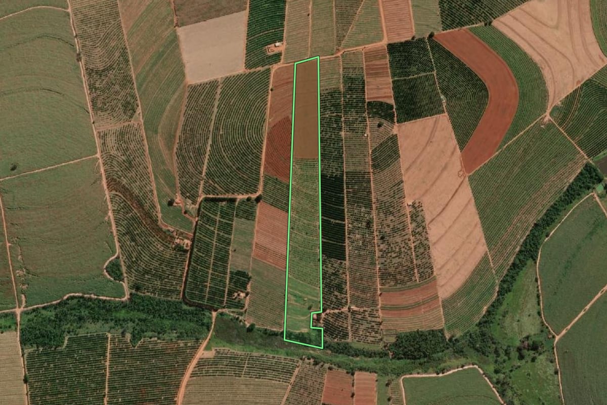 Imagem de satélite do imóvel rural em Itajobi (SP), com o contorno declarado no CAR desenhado por cima.