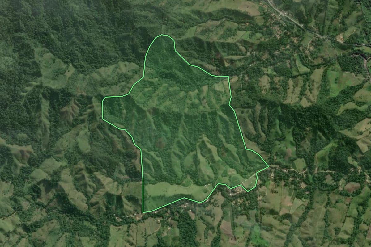 Imagem de satélite do imóvel rural em Itaoca (SP), com o contorno declarado no CAR desenhado por cima.