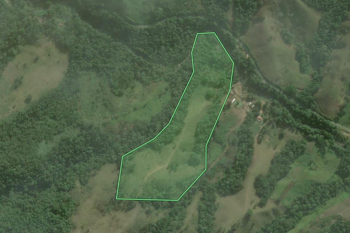 Imagem de satélite do imóvel rural em Itaoca (SP), com o contorno declarado no CAR desenhado por cima.