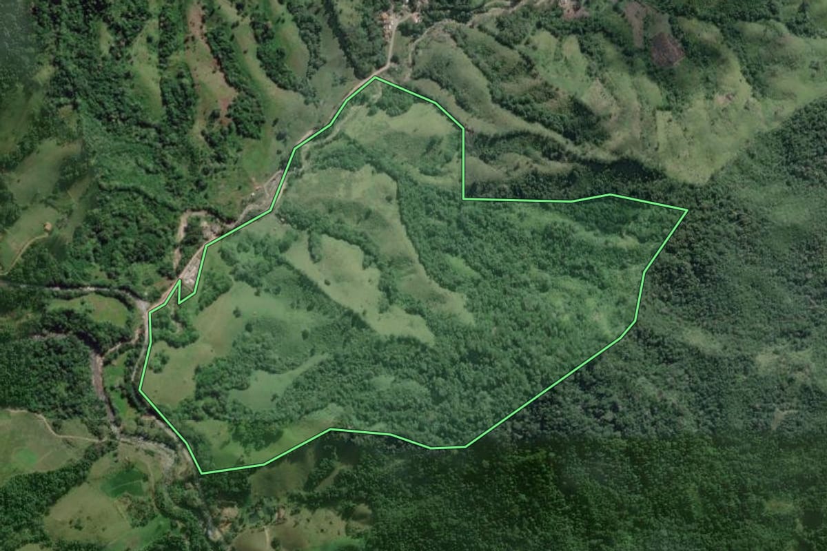 Imagem de satélite do imóvel rural em Itaoca (SP), com o contorno declarado no CAR desenhado por cima.
