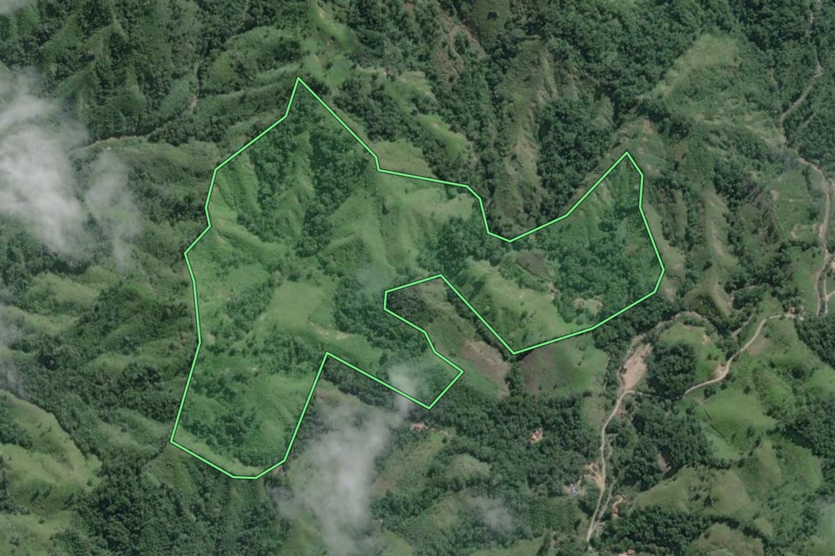 Imagem de satélite do imóvel rural em Itaoca (SP), com o contorno declarado no CAR desenhado por cima.