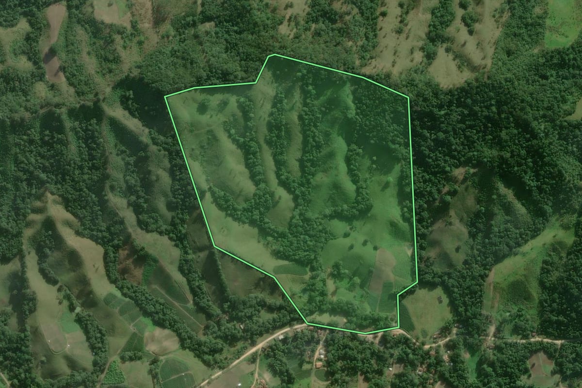 Imagem de satélite do imóvel rural em Itaoca (SP), com o contorno declarado no CAR desenhado por cima.