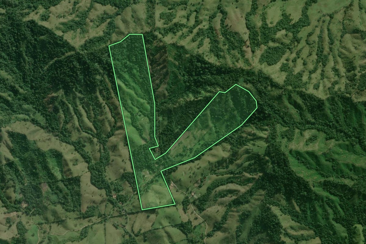 Imagem de satélite do imóvel rural em Itaoca (SP), com o contorno declarado no CAR desenhado por cima.